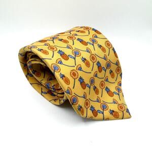Longchamp Paris Yellow Silk Pineapple Sunflower Print Necktie